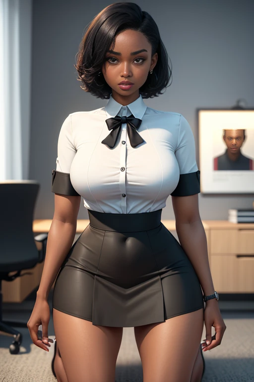 girl in an office, detailed facial features, 1girl, black woman, standing pose, glasses, plump glossy lips, lip gloss, long eyelashes, dark brown eyes, black curly hair, photorealistic, high-quality, hyper-realistic, cinematic lighting, dramatic lighting, intricate details, elegant, professional, fashion photography style, warm color tones, studio lighting