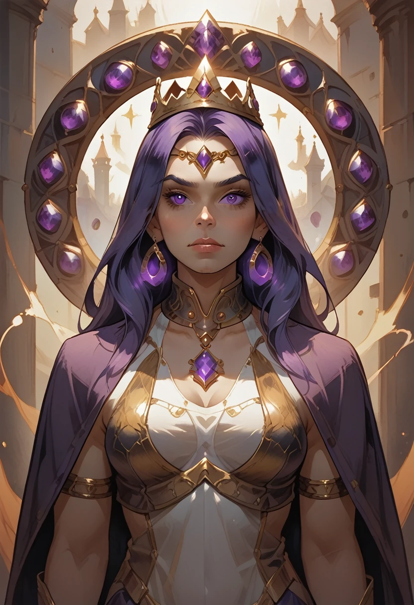 A sorceress of ancient magic with an aura of swirling purple and gold. Her gown is a deep amethyst with golden runes and arcane symbols woven into the fabric. The gown has a high collar and flowing cape that billows like smoke. She wears a crown of twisted dark metal and holds a wand topped with a glowing purple gem. Her eyes have a mystical glow, hinting at her deep knowledge of magic.