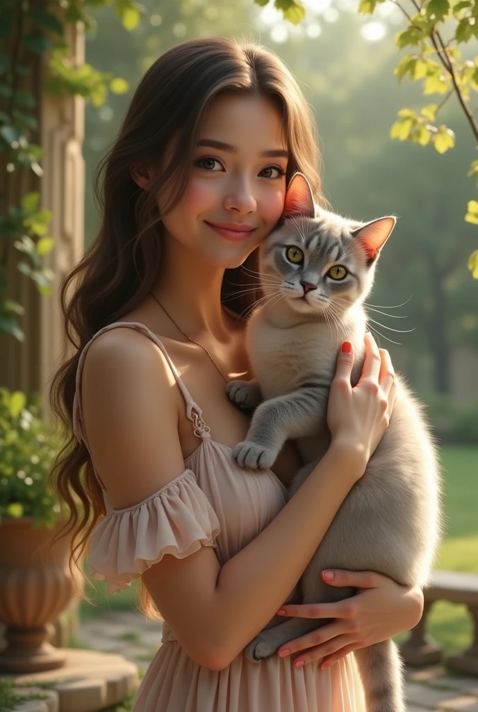 masterpiece, highest quality, Raw foto, photorealistic, smile, beautiful girl with a cat on her arms, cute, Hair up, Depth of the bounds written, High resolution, Super detailed, details, highly detailed eyes and face, mesmerizing black eyes, Realistic pupils, sharp focus, Cinematic lighting, upper part of the body, face on camera, topless, cinematic lighting, dark light, sensual sweat skin, ripe breast, tight breast, hug a monkey on arms, breastfeeding a monkey of her breast