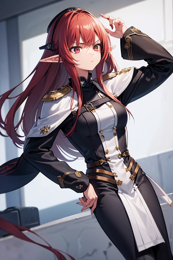 highly detailed 3D rendering of a character named Ulc from SEGA's PSO2. elf-like female with pointed ears, (gray Lady's small Garrison cap), (long straight dark red hair), (gray futuristic military-style uniform, including a fitted jacket with intricate white designs, shoulder epaulets, and a skirt), (annoyed, serious expression and is depicted with one hand near her ear as if she is communicating through a device)