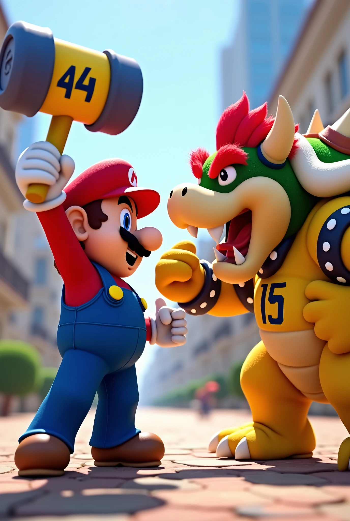 I want a bodybuilder Super Mario , with my hands on fire , on top of Bowser making victorious gestures in a more brutal way, with animation format , white background and bowser defeated