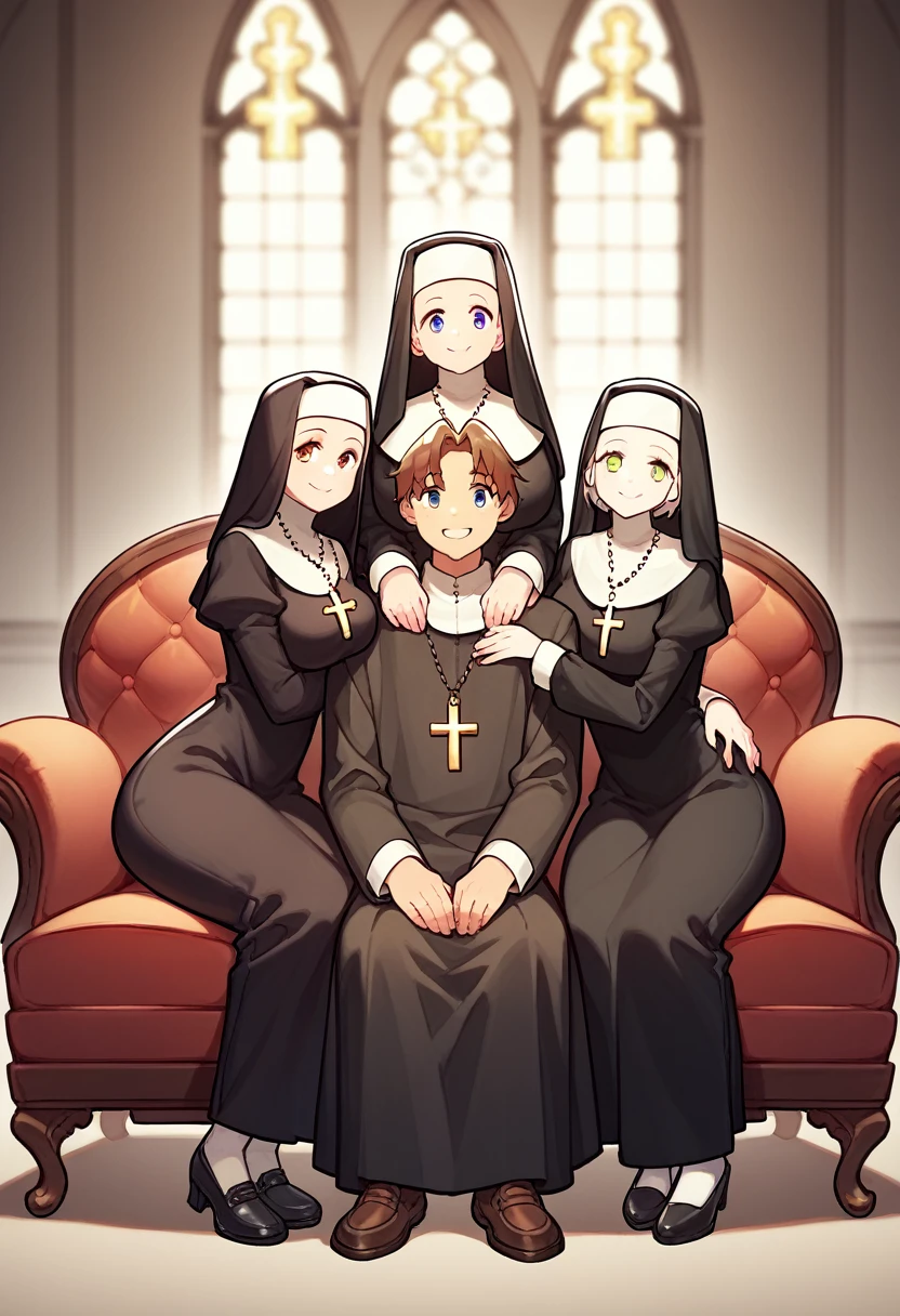 score_9, score_8_up, score_7_up, source_anime, BREAK 4 girls, 1boy, priest, nuns, priest sitting, full body, smile, looking at viewer, couch, (((4 nuns standing behind couch))), nuns have possessive hands on priest, (((nuns are black))), priest is white, nuns smiling, priest is oblivious,