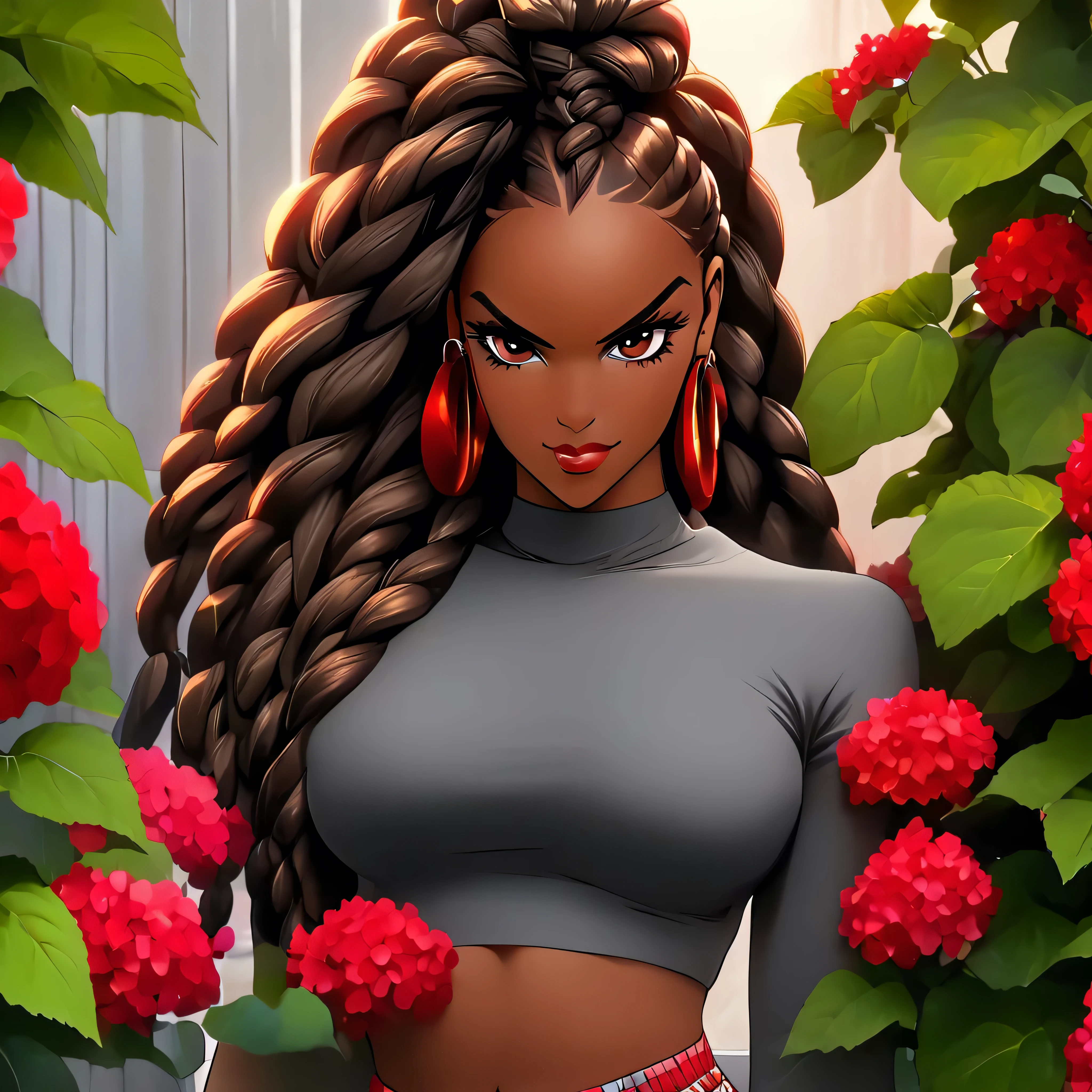 4K, June Scenario, Beautiful black woman, long braided hair, medium breasts, red colored eyes, grey shirt, hot pants, red necklace, gazing at viewer, natta, colorful hydrangea