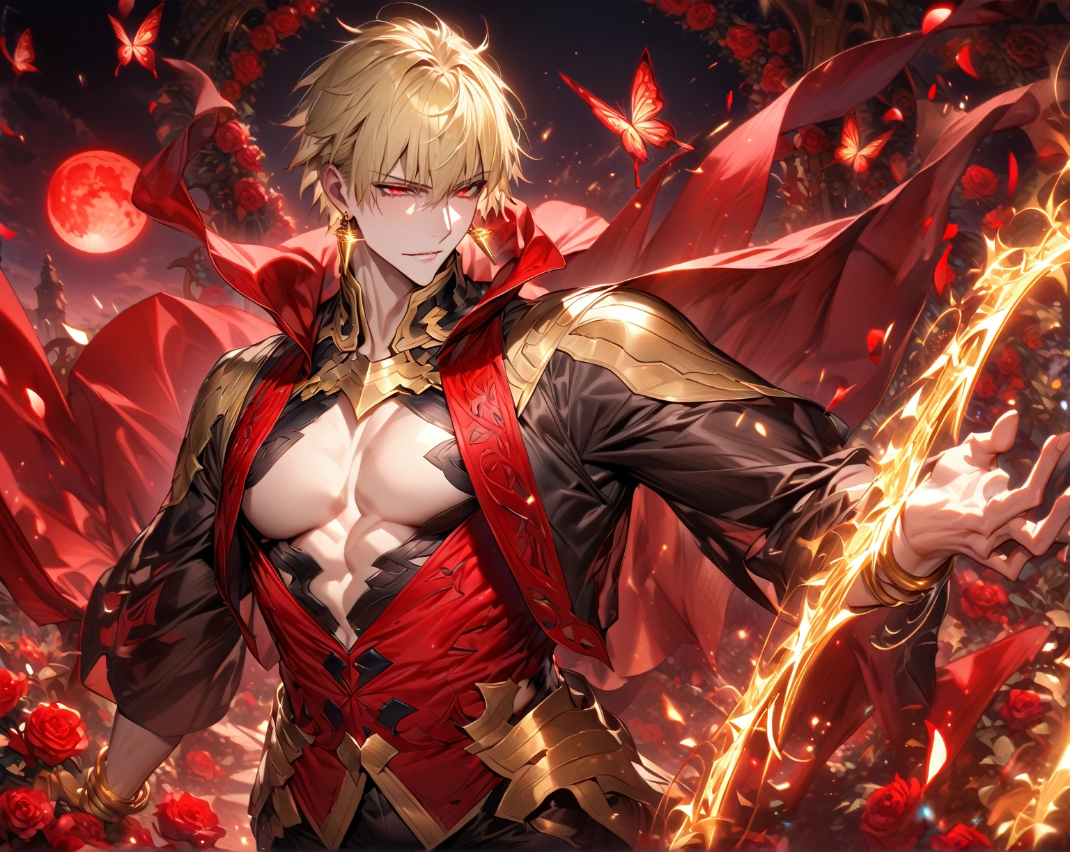 absurdres, highres, ultra detailed, HDR) master piece, best quality, extremely detailed, detailed face, detailed eyes, delicated features, defined appearance, Gilgamesh, blonde hair, short hair, expressive red eyes, Fate Grand Order, solo, sexy man, handsome, sensual, adult face, red cape with high collar, black unbuttoned vest, showing the chest, toned chest, golden long bracelets, golden earrings, black pants, fantasy, magical, red roses, flower gate, red petals, red moon, red glittering butterflies, radiant, powers