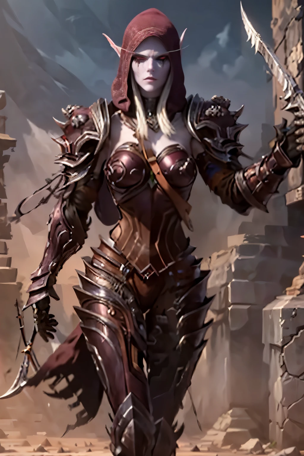 Masterpiece, hd, full detailed, !(Sylvanas Windrunner has the appearance of an undead elf, with pale skin and red eyes. Her hair is black with silver highlights, and she wears it in a long braid. His face is beautiful but stern, often wearing an expression of determination or disdain. His outfit consists in a burgundy wool hood, a of leather and metal armor that allows him to move with agility and protect himself from attacks. His colors are black, red and green, which symbolize his loyalty to the Forsaken, his thirst for revenge and his past as a forester. His most characteristic weapon is a longbow called Night's Edge, which shoots arrows of dark energy. He also wears a dagger and a pendant in the shape of a winged bat, the emblem of the Forsaken)