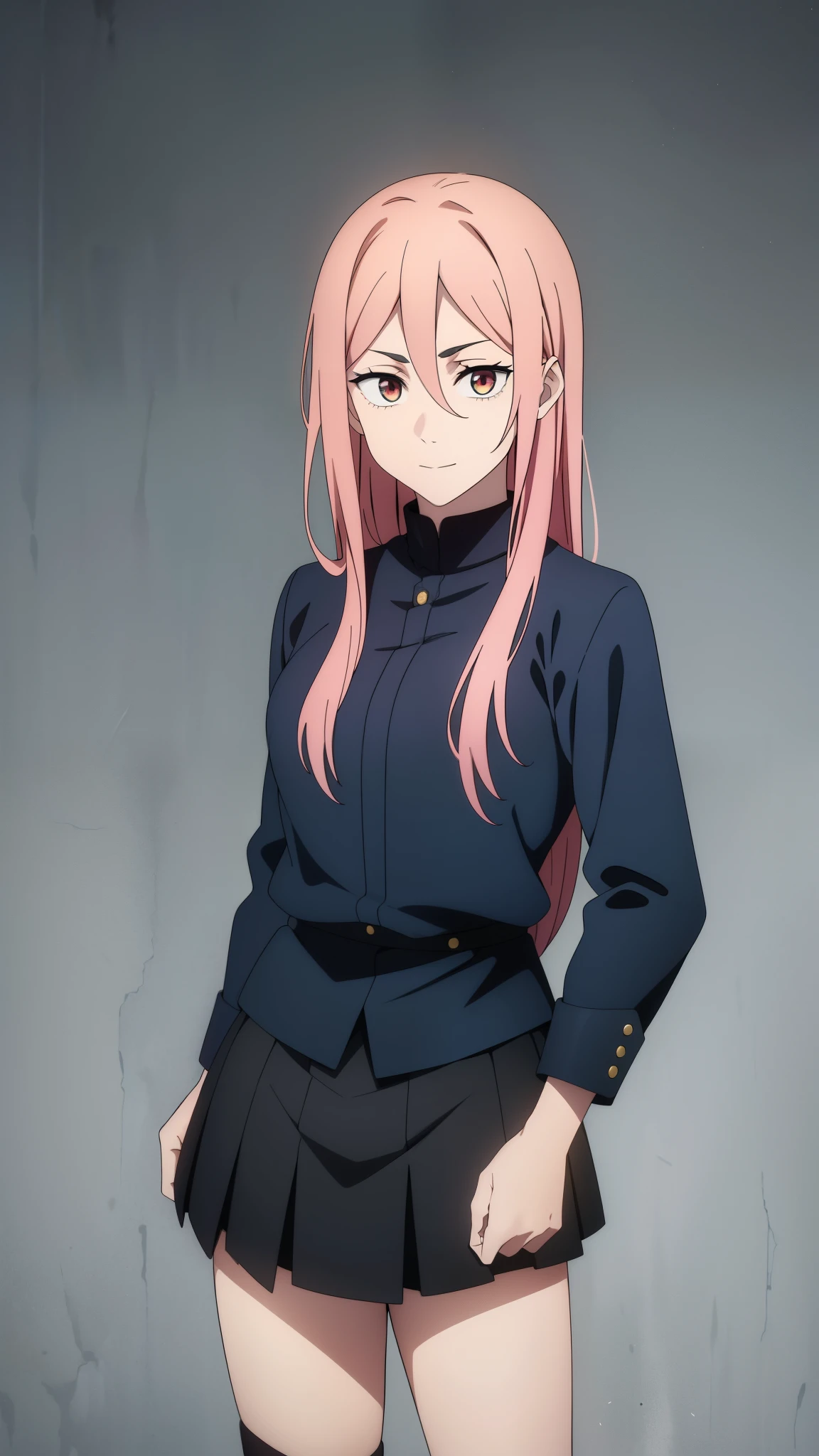 (high-quality, breathtaking),(expressive eyes, perfect face) 1girl, female, solo, teenager, pink hair, yellow and red eye color, long hair length, looking at viewer, half body, bright smile, kind face, cheerful expression, dark black blue long sleeved shirt, collared shirt, ((dark black blue Skirt)), black thigh high socks, absolute territory jujutsu kaisen uniform, jujutsu high school uniform, flowy hair, feminine face, long straight hair, grey background, portrait, stylized hairstyle