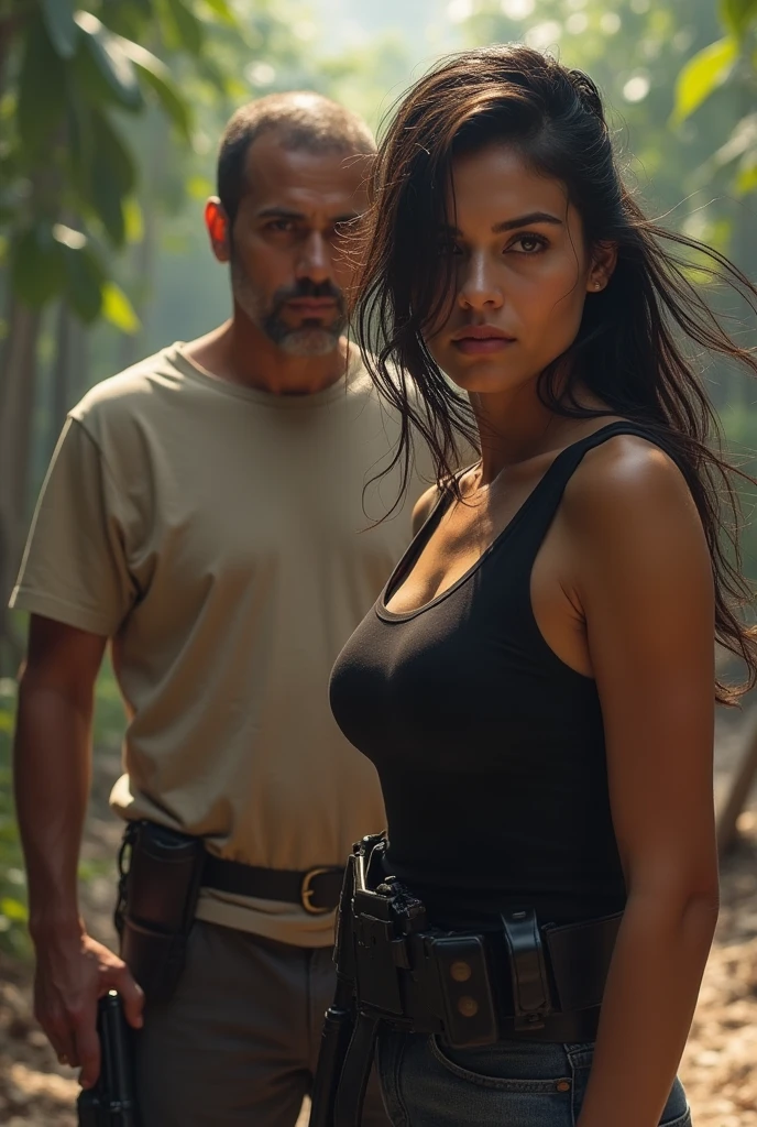 a muscular tanned man, dark hair, Latin nationality, surrounded by ten naked women in a sea island environment highlighted with sharks