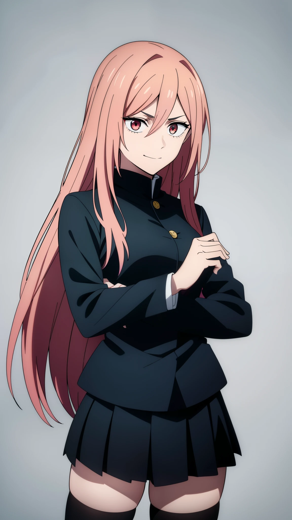 (high-quality, breathtaking),(expressive eyes, perfect face) 1girl, female, solo, ager, pink hair, yellow and red eye color, long hair length, looking at viewer, half body, bright smile, kind face, cheerful expression, dark black blue long sleeved shirt, collared shirt, ((dark black blue Skirt)), black thigh high socks, absolute territory jujutsu kaisen uniform, jujutsu high school uniform, flowy hair, feminine face, long straight hair, grey background, portrait, stylized hairstyle