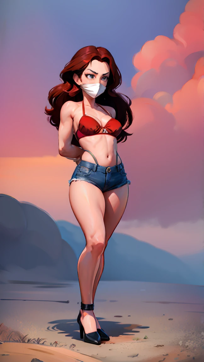 pauline, NSFW, (skinny, thin, tall, skinny body), bondage, brown hair, ( blue jean mini shorts, red bra, red brassiere, red top bikini, wearing sandals), OTN GAG, OTN, over the nose gag, bandana gag, tight gag, (arms behind back:1.4), front view, complete shot, complete view , complete body, full body, standing.