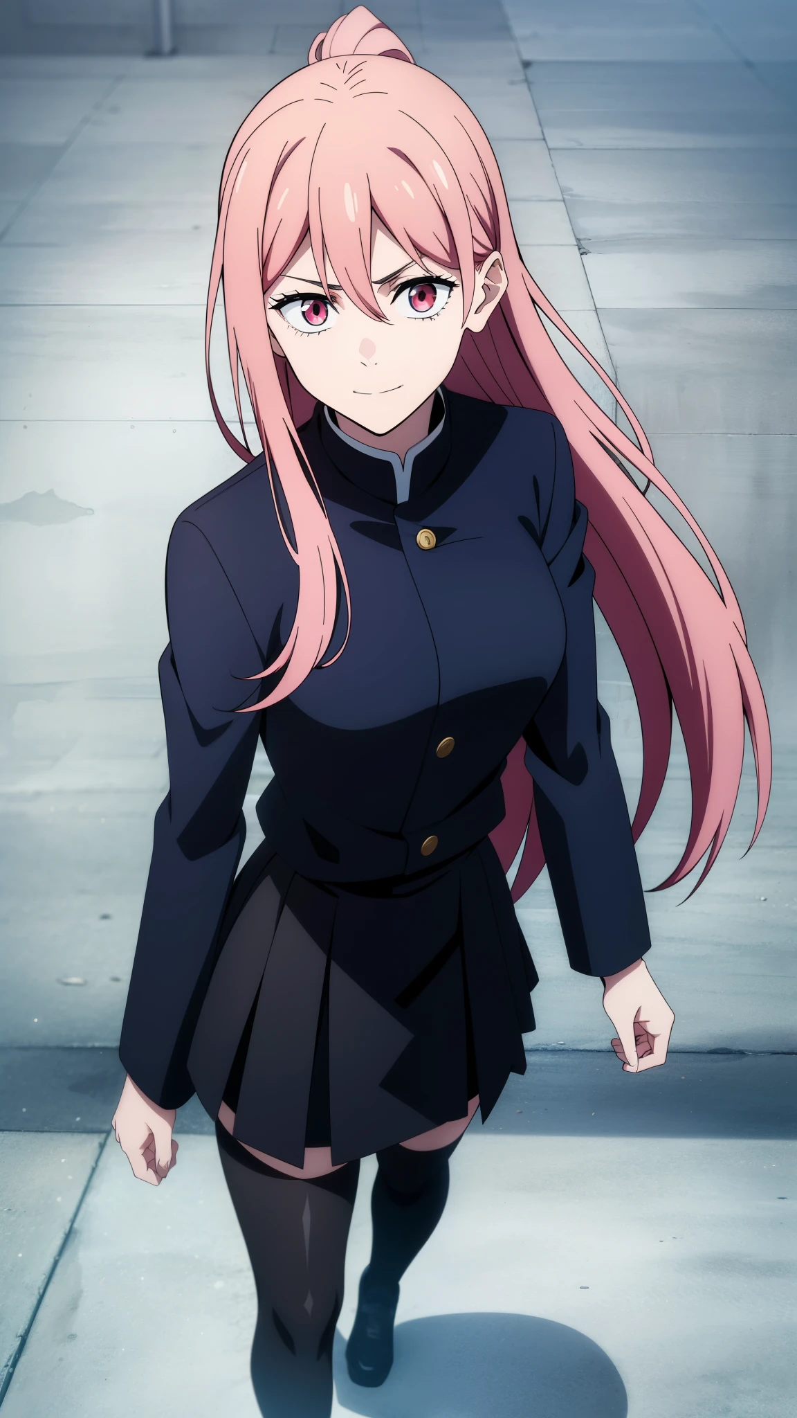 (high-quality, breathtaking),(expressive eyes, perfect face) 1girl, female, solo, teenager, pink hair, yellow and red eye color, long hair length, looking at viewer, half body, bright smile, kind face, cheerful expression, dark black blue long sleeved shirt, collared shirt, ((dark black blue Skirt)), black thigh high socks, absolute territory jujutsu kaisen uniform, jujutsu high school uniform, flowy hair, feminine face, long straight hair, grey background, portrait, stylized hairstyle