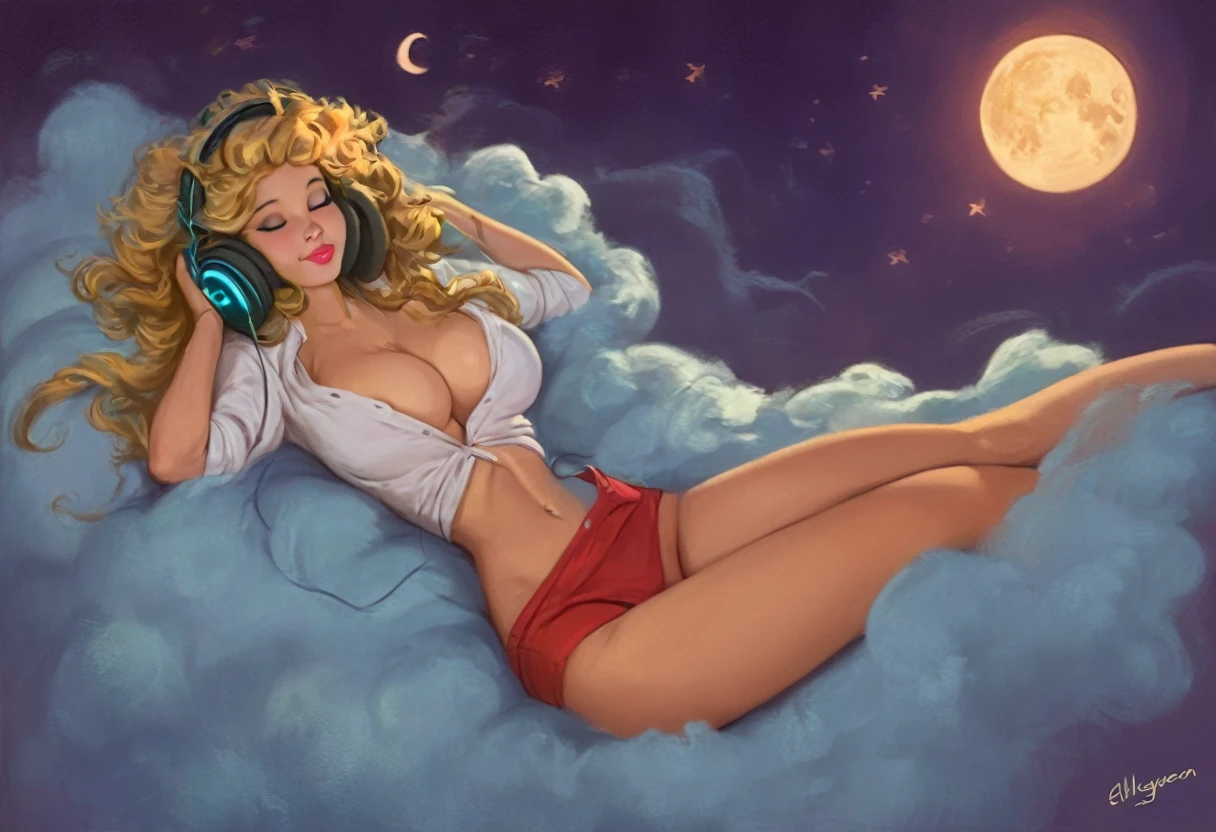 a beautiful 20 year old blonde woman with big messy hair laying down on a cloud in the sky floating over a cityscape at night, wearing headphones, looking down at the city, twinkling stars and glowing moon, fantasy art style, rossdraws cartoon vibrant, cyberpunk, cute detailed digital art, colorfull digital fantasy art, digital fantasy art ), glossy digital painting, rossdraws pastel vibrant, rossdraws 2. 5, rossdraws 1. 0