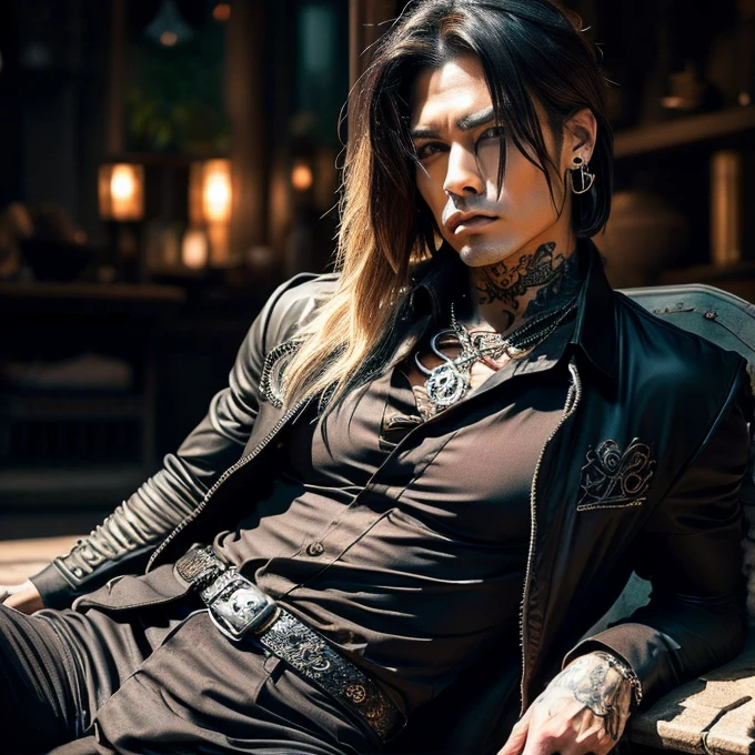 1 man, male, Japanese man, Visual Kai hairstyle, ultra detailed face and body, hyperrealistic, realistic representation, muscular, broad shoulders, tattoos gothic style, piercings, Visual Kei style, hairstyle Visual Kei, blond, 40 years old, age 40 outfit,  gothic streampunk, men's shirt and black pants, Asian eyes, eyes Asian, straight hair, long hair 