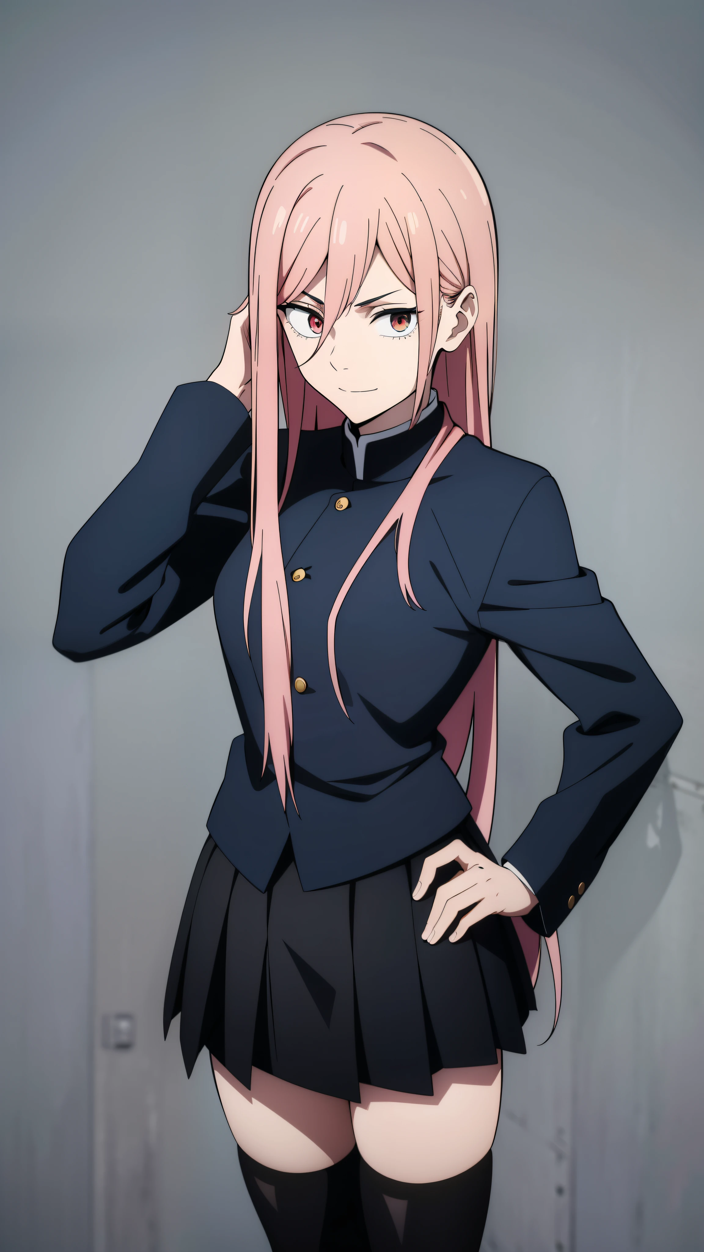 (high-quality, breathtaking),(expressive eyes, perfect face) 1girl, female, solo, teenager, pink hair, yellow and red eye color, long hair length, looking at viewer, half body, bright smile, kind face, cheerful expression, dark black blue long sleeved shirt, collared shirt, ((dark black blue Skirt)), black thigh high socks, absolute territory jujutsu kaisen uniform, jujutsu high school uniform, flowy hair, feminine face, long straight hair, grey background, portrait, stylized hairstyle