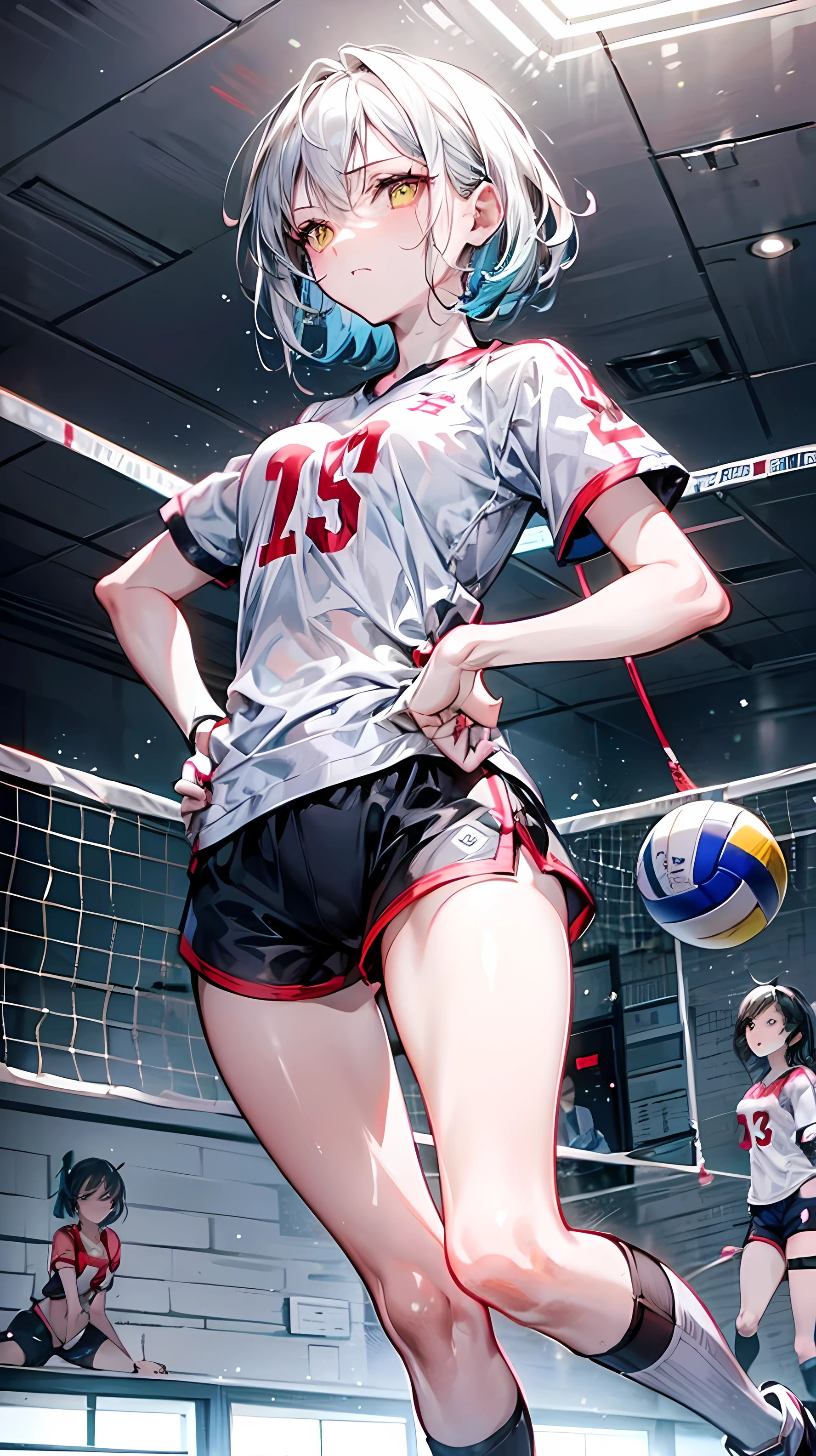 “（masterpaintings，Hi-Def，ultra high def，4K）Black hair with double ponytail，-yeld Jaese girl high school student，Tight volleyball uniform，Inside the volleyball court，Holding_Ball，Large breasts，emphasizing thighs，Exposing the skin of the legs，soft thighs，Glossy thighs，sitting on a stool，Face-to-face perspective，（From the angle below），Sit in front，Crotch zoom camera，Feet on the floor，body complet，smil，Just look at the audience"， Best Quority， ultra high def， （realisticlying：1.4）， A high resolution， 细节，