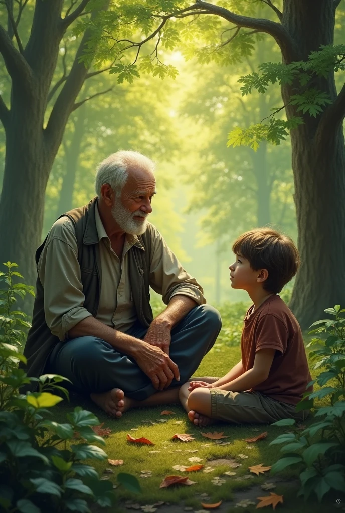 A old man and child boy setting in tree