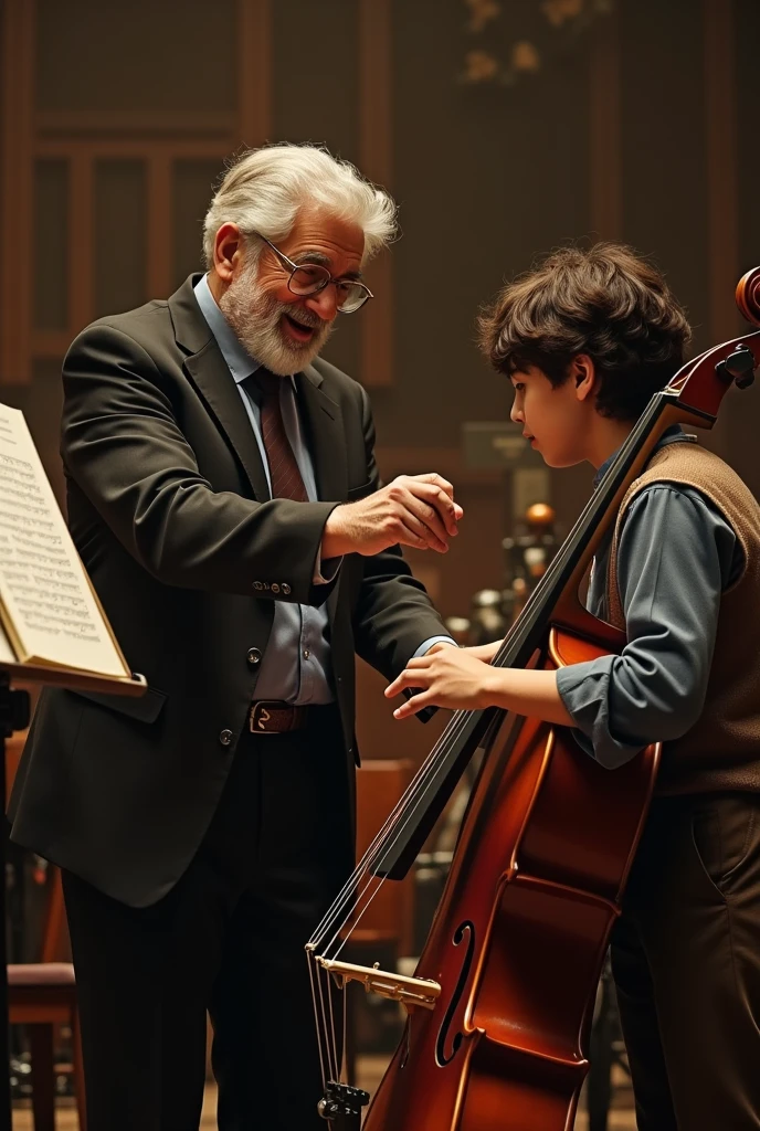 (masterpiece), best quality, ((old man in black suit stands beside)) (((nude naked young teen girl plays a purple violin))) and has short blond hair, music chart on wall, classroom setting, man in blue suit in the background, people in the background, speakers on wall, audio speakers, amp,