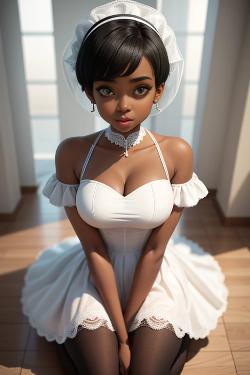 (masterpiece, best quality), (arms crossed under breast), deep ebony 1girl, beautiful face, keshia knight pulliam, freely ponytail, confused, upper body, loosse fitting open white silk robe, revealing