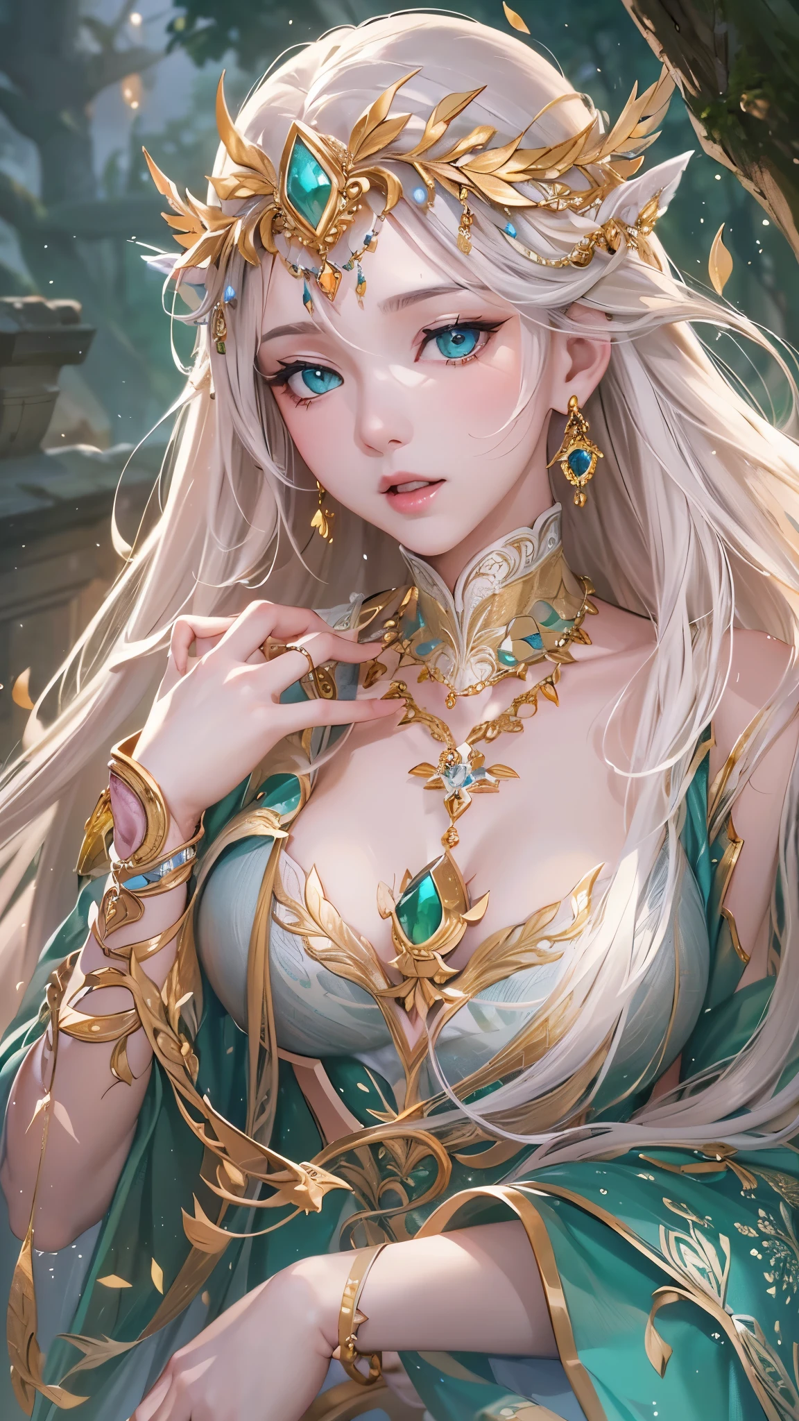 A woman wears sexy transparent platinum low-cut lace armor,Close-up of holding a lotus flower in his hand, Head ornament, Violet necklace, Emerald belt , Toned abs, a beautiful fantasy empress, ((a beautiful fantasy empress)), Beautiful celestial mage, Beautiful character painting, full-body xianxia, Portrait Chevaliers du Zodiaque Fille, by Yang J, G Liulian art style, Fantasy art style, foreshortening