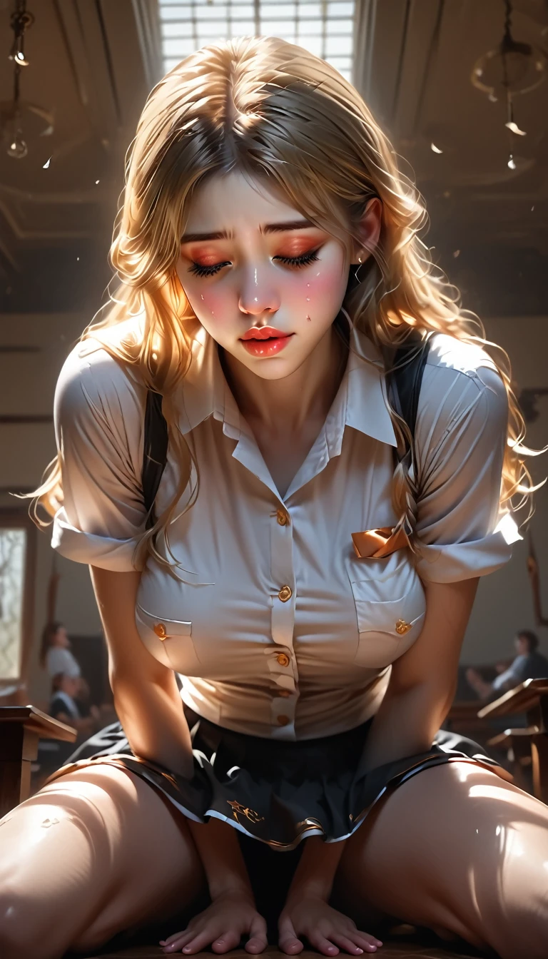 Camisa blanca、Bragas negras、bent over、llorando、triste, Teary, Tetas colosales、cuerpo muy delgado、schoolwear、nagatoro, de perfil, pezones marcados, pecho desnudo, mojada, sudada