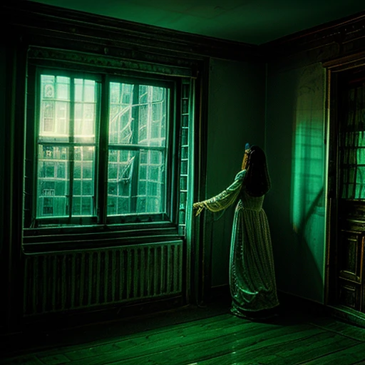 a transparent ghost of a woman waltzing in a rundown Victorian living room at night.