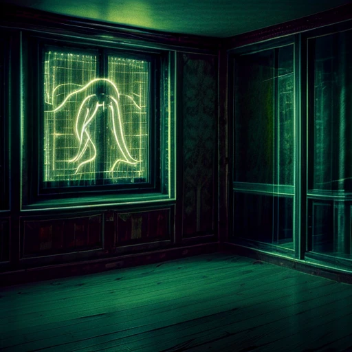 a transparent ghost of a woman waltzing in a rundown Victorian living room at night.