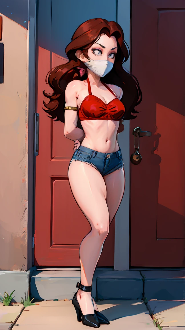 pauline, NSFW, (skinny, thin, tall, skinny body), bondage, brown hair, (( blue jean mini shorts, red bra, red brassiere, red top bikini, wearing sandals)) , OTN GAG, OTN, over the nose gag, bandana gag, tight gag, (arms behind back:1.5), front view, complete shot, complete view , complete body, full body, standing.