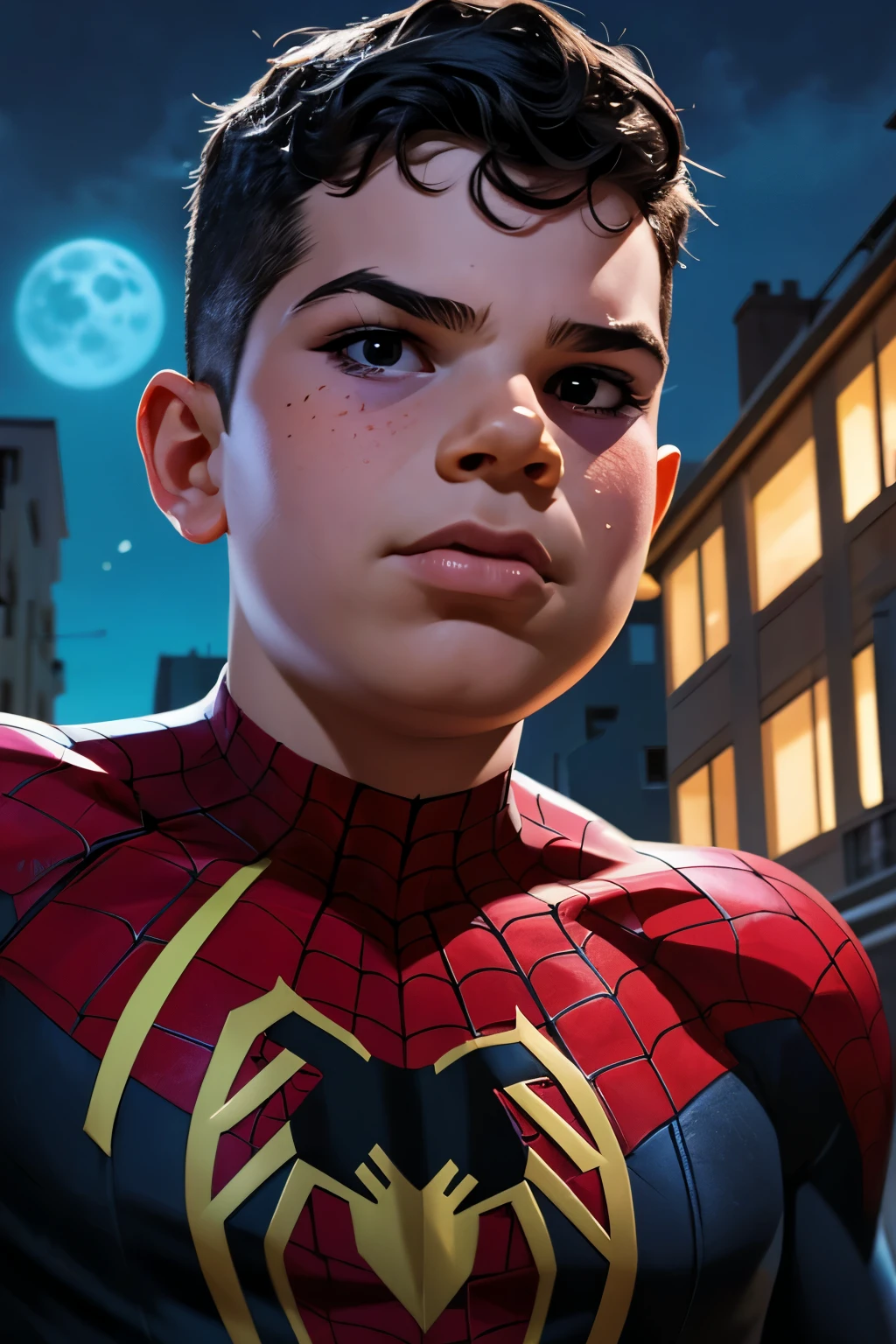 Close-up face, Thoe, ((a boy, ***)), Marvel Comic Panel Drawing: A boy with black eyes, in Dynamic pose, short black hair , over The building under The moonlight, spiderman suit in a city with a fixed gaze 