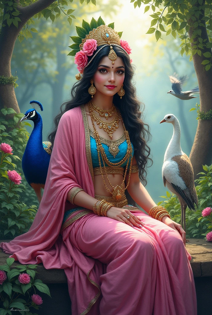 God sitting on peacock, flying bird,pink saree without bra, beautiful, gorgeous,Indian women ,gold, jwellery,