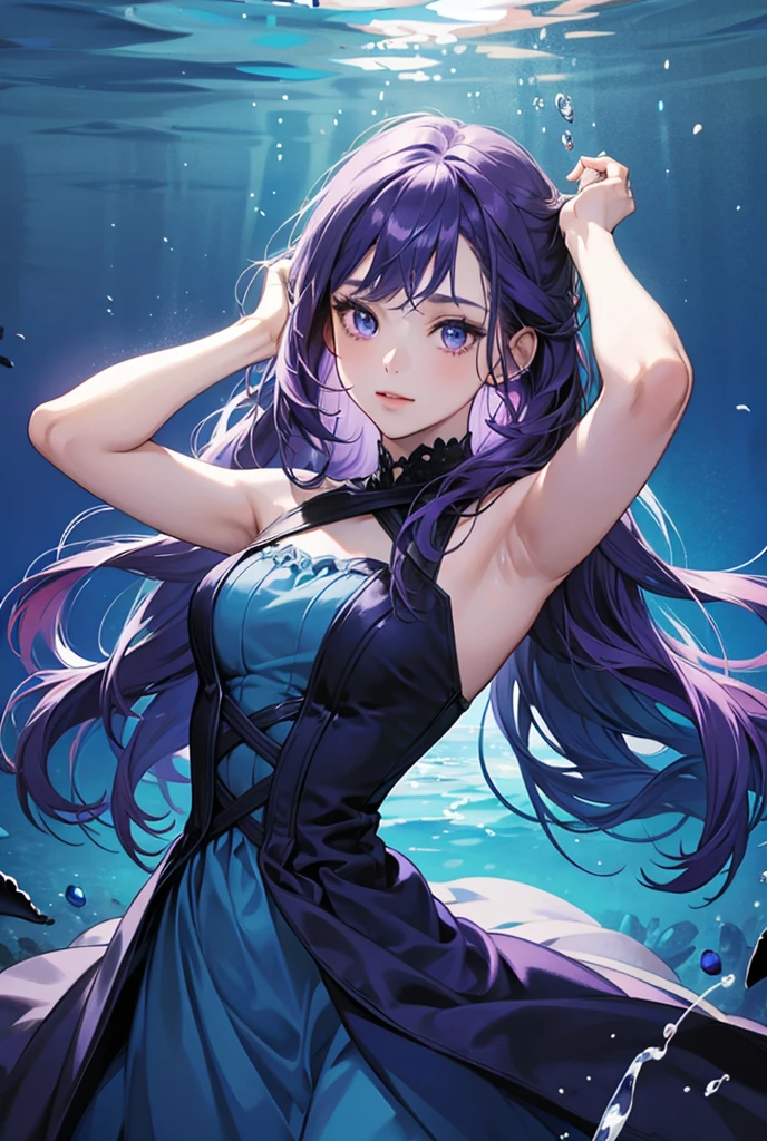 (8k, Highest quality, masterpiece:1.2),(grim Reaper),(Wearing a white herbivore skull on his head),Dark blue long hair,The inside of the hair is light blue,Lavender and navy blue"Short sleeve"In an off-the-shoulder dress(Golden Line),((Purple shoulder frills)),Light blue soul