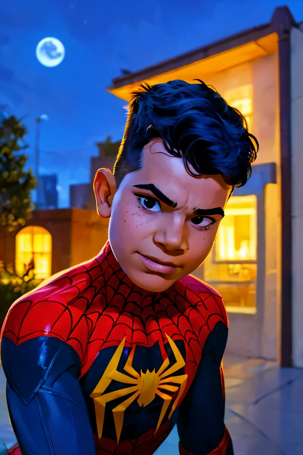 Close-up face, Thoe, ((a boy, ***)), Marvel Comic Panel Drawing: A boy with black eyes, in Dynamic pose, short black hair , over The building under The moonlight, spiderman suit in a city with a fixed gaze 