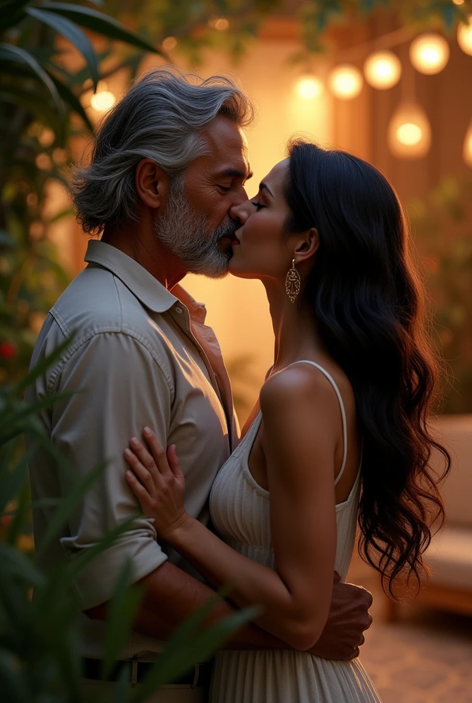 A woman around 45 years old　and　A man around 50 years old　The two are kissing and the man is touching the woman&#39;s breasts.
