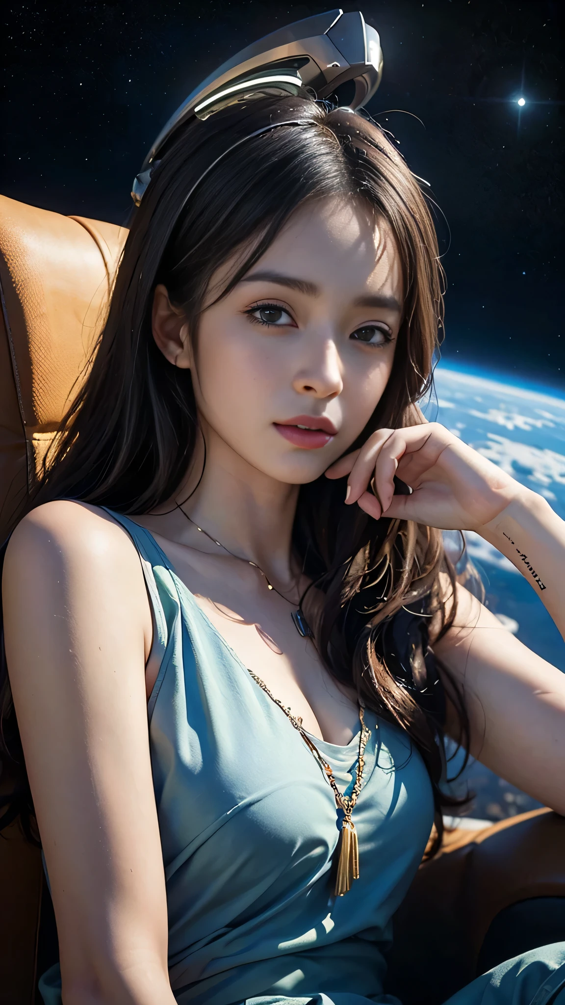 (highest quality、4k、8k、High resolution、masterpiece:1.2)、Super detailed、(Real、Photorealistic、Photorealistic:1.37)、A young and beautiful woman、Science fiction、treasure hunter、Unearthing ancient ruins in space、Transcendently beautiful face、Ideal proportions、Big Breasts、Beautiful long straight hair gathered into a braid、blonde、Dynamic Pose、A revealing holographic outfit、Dynamic Angles、Bright colors、Studio Lighting、natural breasts