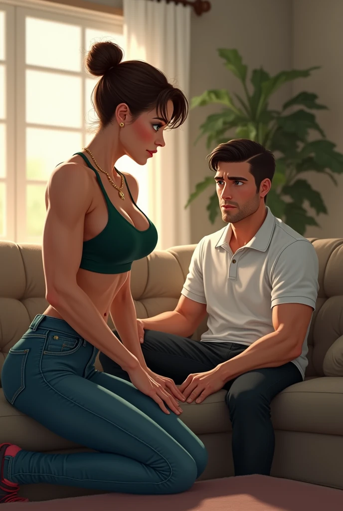 Male and female couples, beautiful woman sitting on a chair wearing a tight skirt over a green blouse, tall handsome man hugging each other from behind, man topless and jean pants