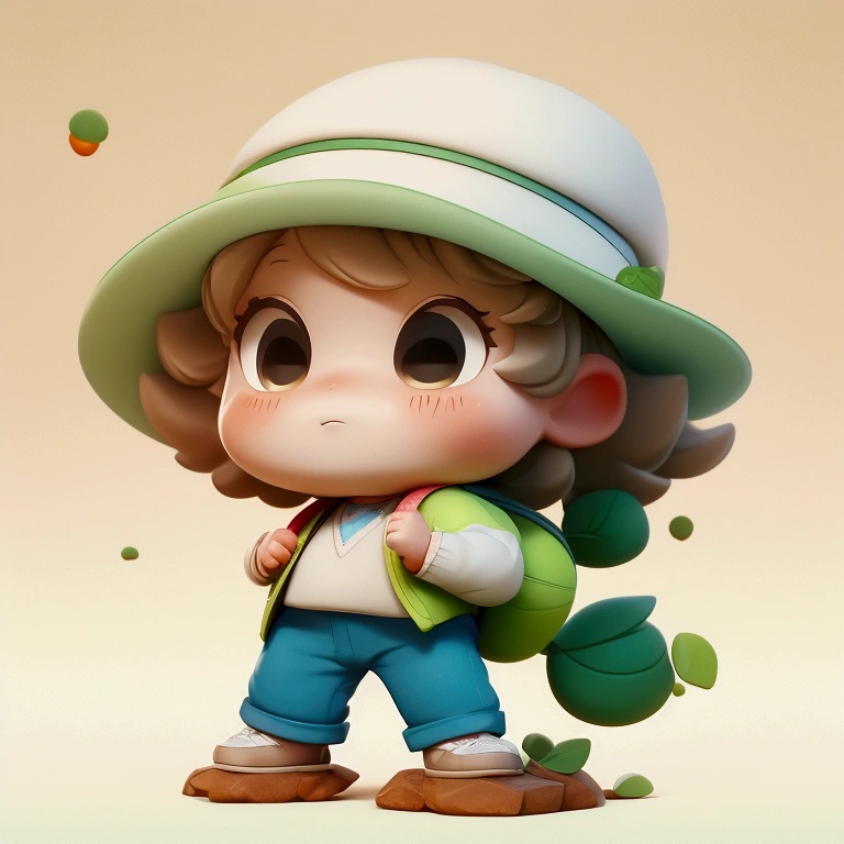 Create a cute art toy character with a chibi style, featuring a boy with a large head and expressive round eyes. The character has white, slightly messy hair and is wearing a unique round hat resembling half of a cracked fruit or vegetable. The outfit includes a green shirt, a light jacket, blue pants, and green shoes. The character carries a backpack, giving the impression of being on a journey or adventure. One piece of the fruit hat has fallen onto the ground beside the character."