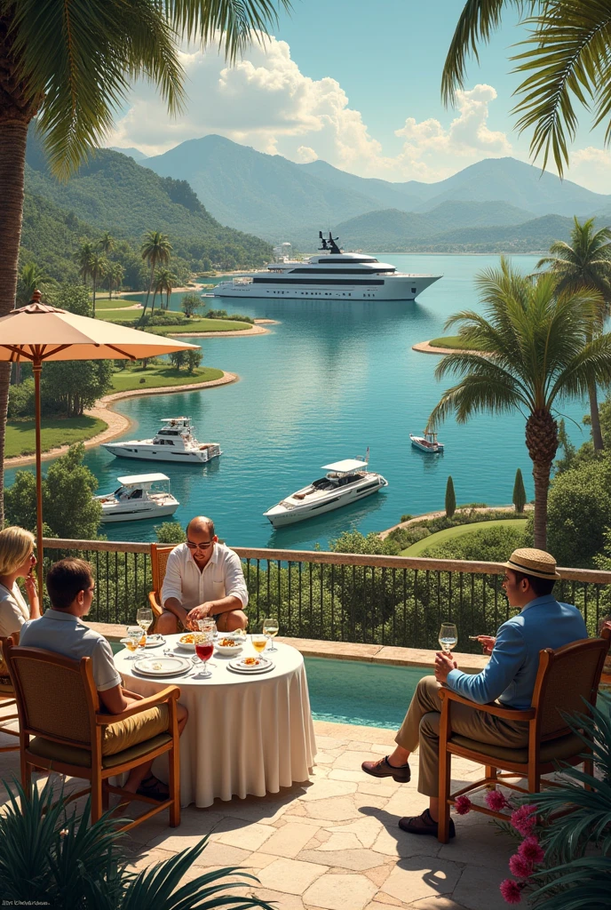 Couple on a private beach: A glamorous couple relaxes on lounge chairs on a private beach with crystal-clear waters in the background. They are under a thatched cabana, surrounded by dollar bills, while a uniformed waiter serves a bottle of champagne.