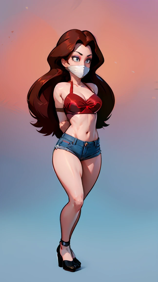 pauline, NSFW, (skinny, thin, tall, skinny body), bondage, brown hair, (( blue jean mini shorts, red bra, red brassiere, red top bikini, wearing sandals)) , OTN GAG, OTN, over the nose gag, bandana gag, tight gag, (arms behind back:1.5), toes to head view, front view, complete shot, complete view , complete body, full body, standing.