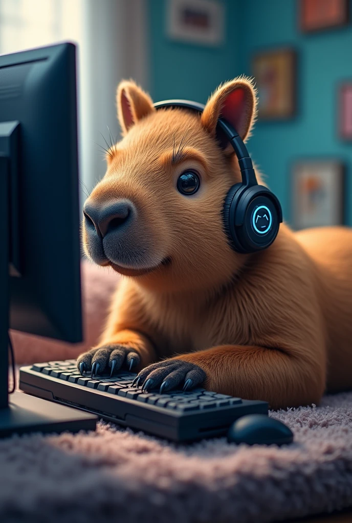 A realistic capybara playing on its gaming PC. The computer is wrong, correct isso. The capybara needs to hold the Mouse correctly
The capybara has to hold the mouse, correct!
The capybara when playing on her computer, holds the mouse with her right hand and uses the keyboard with her left hand. She also uses a headset.