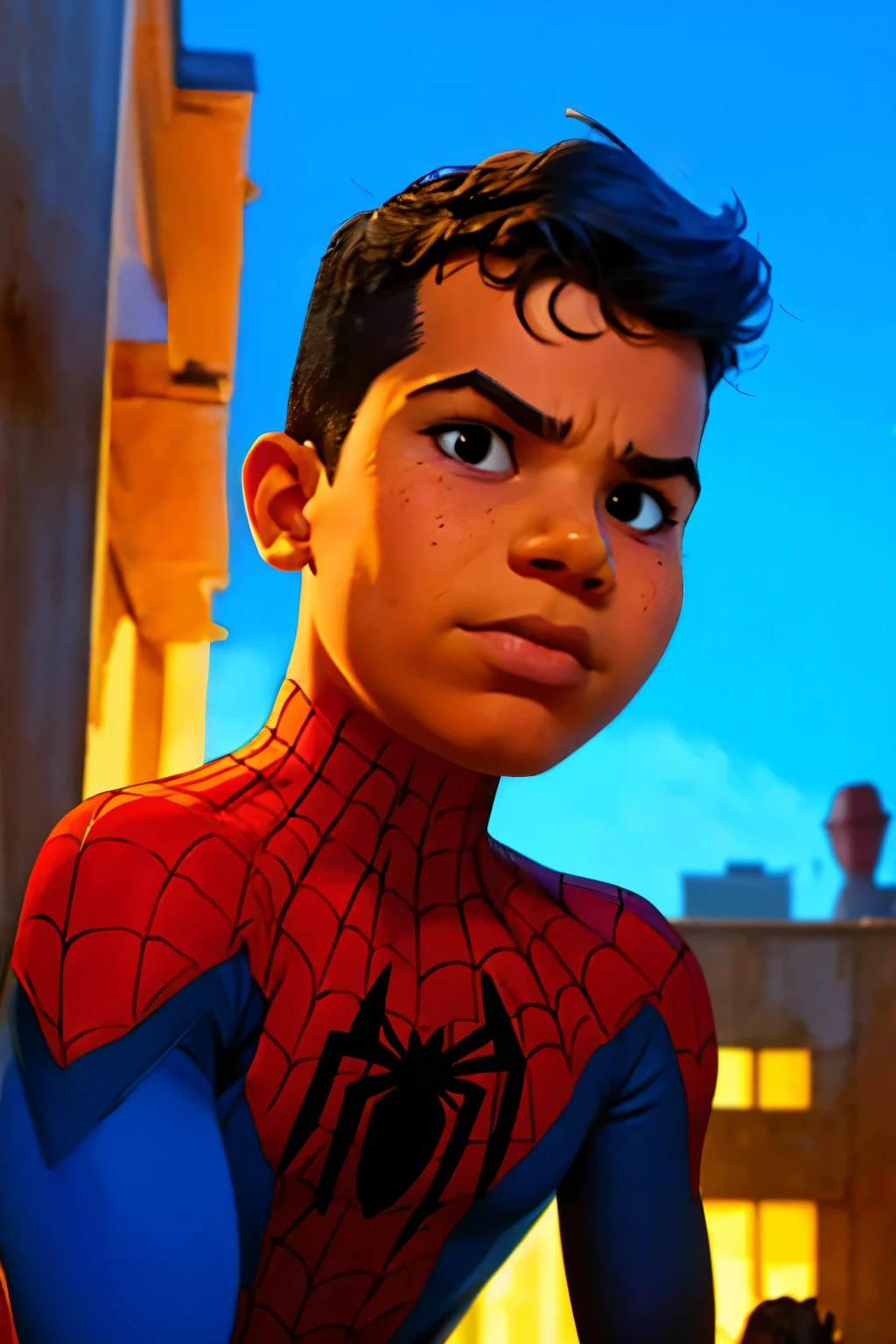 Close-up face, Thoe, ((a boy, ***)), Marvel Comic Panel Drawing: A boy with black eyes, in Dynamic pose, short black hair , over The building under The moonlight, spiderman suit in a city with a fixed gaze 