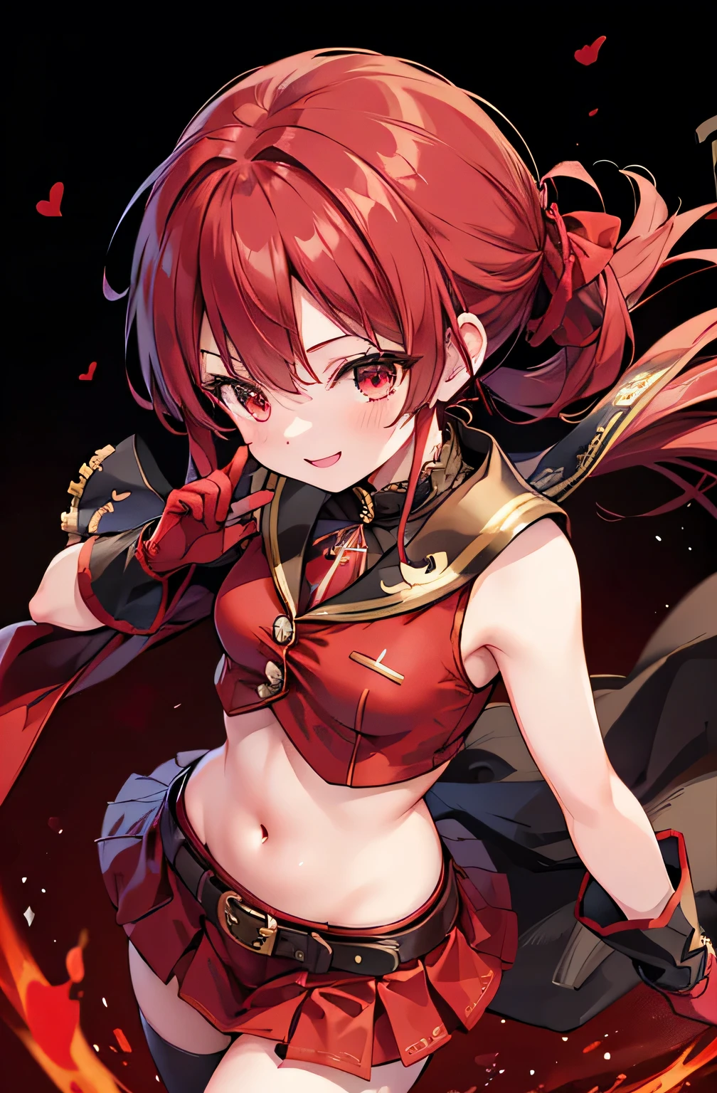 Houshou Marine,whole body,Pirate costume,Red clothes,Red mini skirt,Black Background,Smile,profile,Slim body,Light source from above,I can&#39;t see my hands