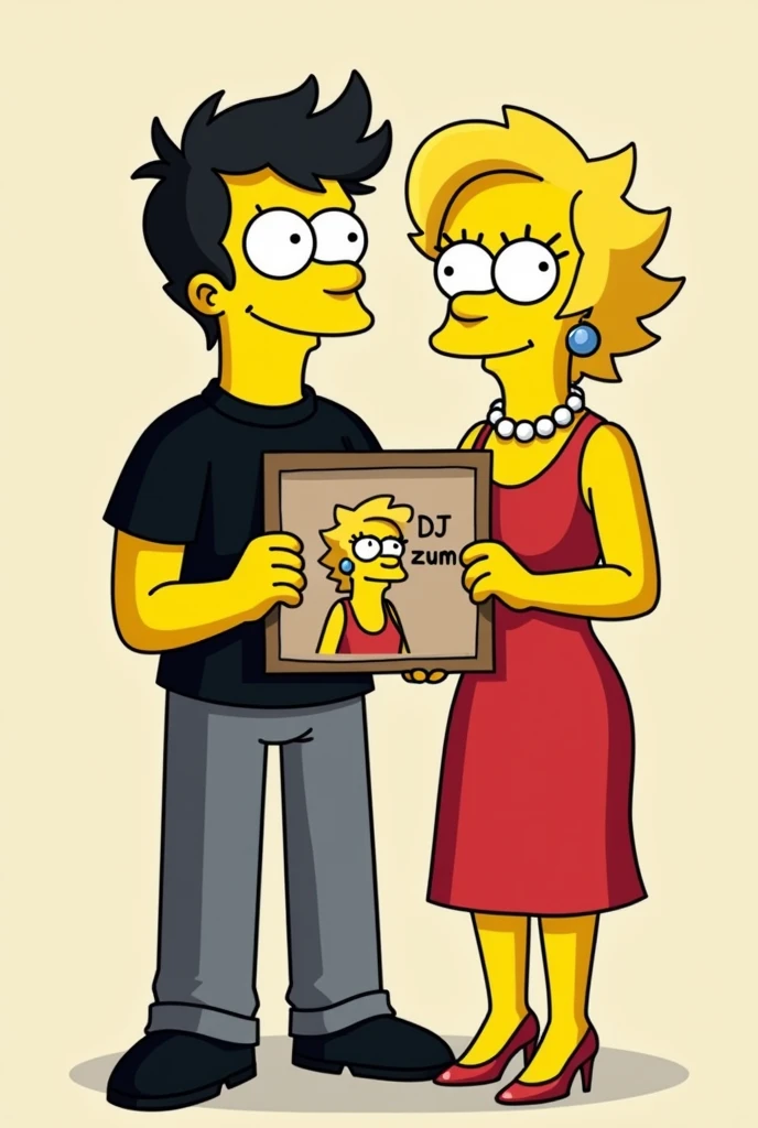 Simpson style drawing of a man with short black hair wearing a black shirt and gray pants holding a sign with a blonde woman with short hair wearing a red dress that says DJ ZUM