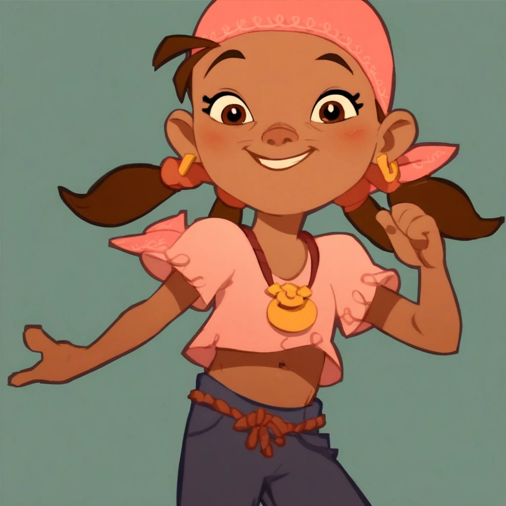 1girl, dark skin, brown hair, brown eyes, twintails, bandana, earring, visible belly button,  short stature 