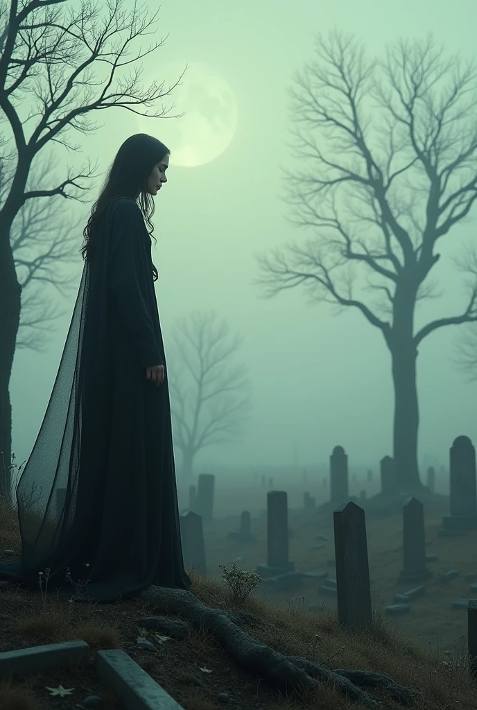 a dark fantasy landscape, a kneeling girl in the foreground, long flowing dark hair, pale skin, detailed intricate dress, ornate jewelry, dark shadowy figure looming behind, glowing eyes, a sense of reverence and fear, moody dramatic lighting, deep rich colors, cinematic composition, (best quality,4k,8k,highres,masterpiece:1.2),ultra-detailed,(realistic,photorealistic,photo-realistic:1.37),dramatic lighting,chiaroscuro,dark fantasy,gothic,mystical,cinematic