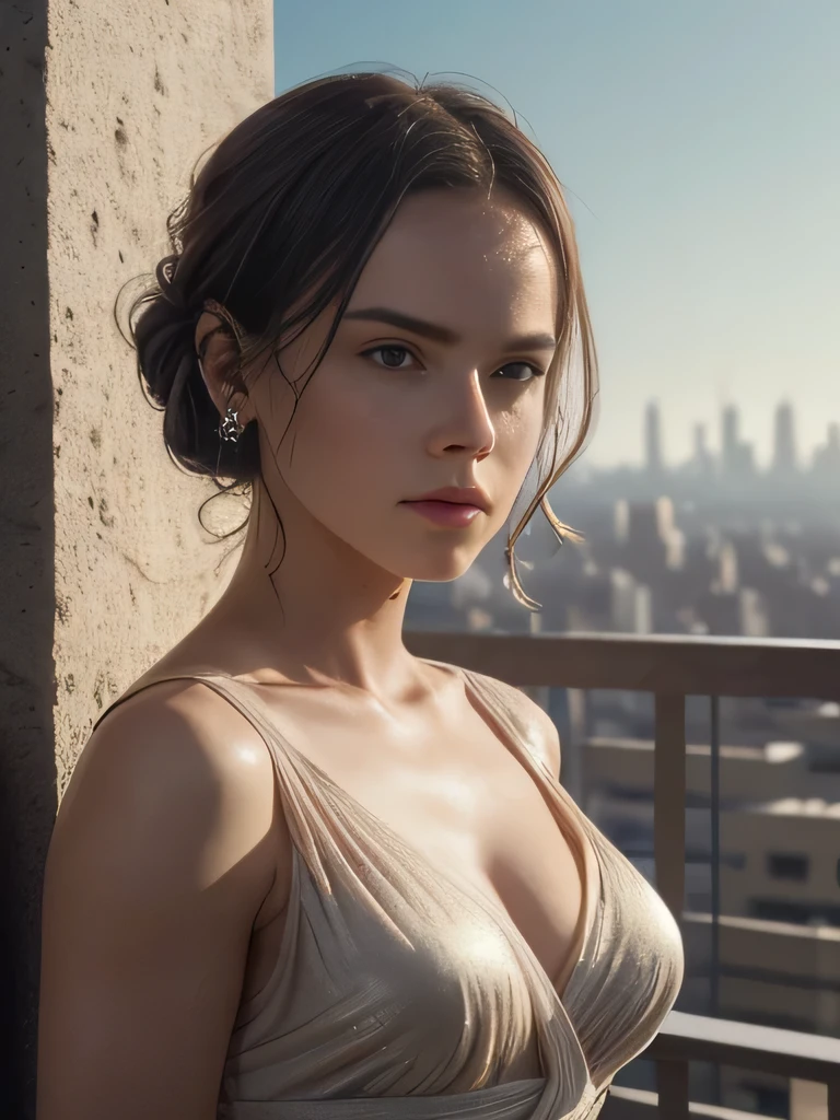 photo of Daisy Ridley, RAW, beautiful woman, ((portrait)), ((detailed face:1.2)), ((detailed facial feature, detailed skin, clear skin), (perfect proportioned body, medium breasts), (wearing a wrapped dress) (high detailed city environment, apartment balcony), (realistic photo, best quality, detailed), (8k wallpaper), (cinematic lighting, dramatic lighting) (sharp focus, intricate)