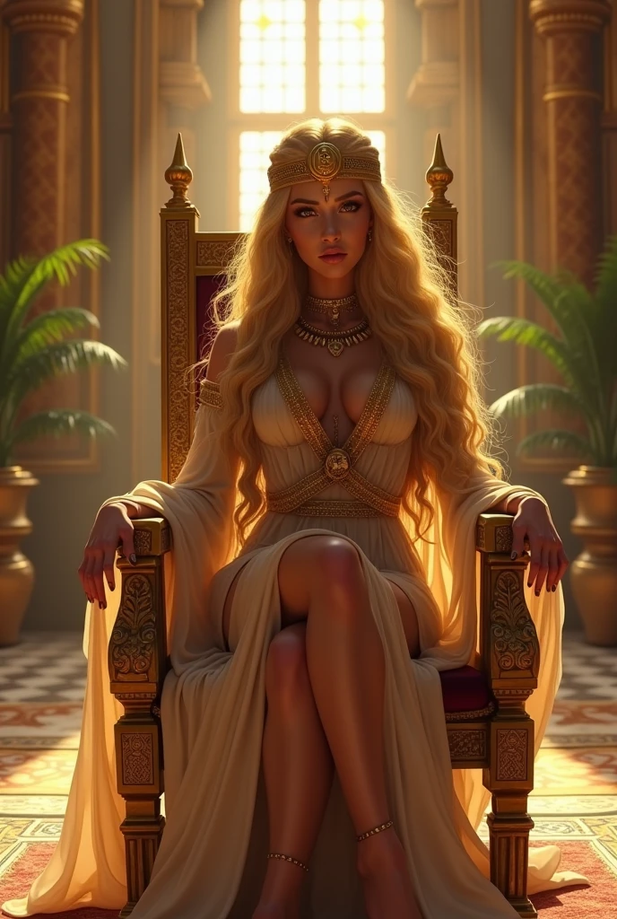 best quality, masterpiece, highres, photo realistic, ultra realistic, sun tyndall effect,photorealistic, dark studio, rim lighting, tone lighting,(high detailed skin:), 8k uhd, dslr, soft lighting, high quality, volumetric lighting, (((midriff exposed))), candid, photograph, high resolution, 4k, 8k, bokeh, ultra realistic 8k cg, (epic:, perfect artwork, masterpiece, ancient dynasty, medieval, fantasy), (((detailed background))), 20yo queen, abs, (A stunning God-like beauty), (striking facial features, detailed hair) dynamic angle, (((throne room))), amazing stunningly beautiful, sitting on throne, wavy shiny hair, golden wet skin shining, full body portrait, glamour, perfect soft curves, perfect body, perfect boobs, ultra realistic, --auto