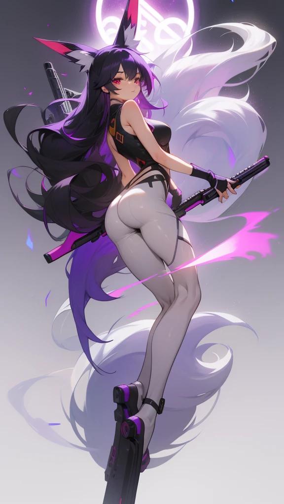 Girl with long thin purple hair, White Skin Skin, Vysokoch, Skinny, beatiful face, sharp facial features, little chest, in cycling shorts and a sports top, white sneakers, Full-length, seen from behind, ass