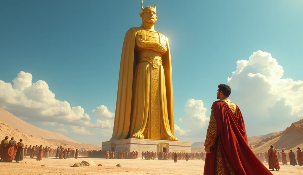 A crowd of people with their backs kneel in front of a statue with the appearance of a golden calf, a dramatic scene that portrays biblical times, ultra realistic in 4k
