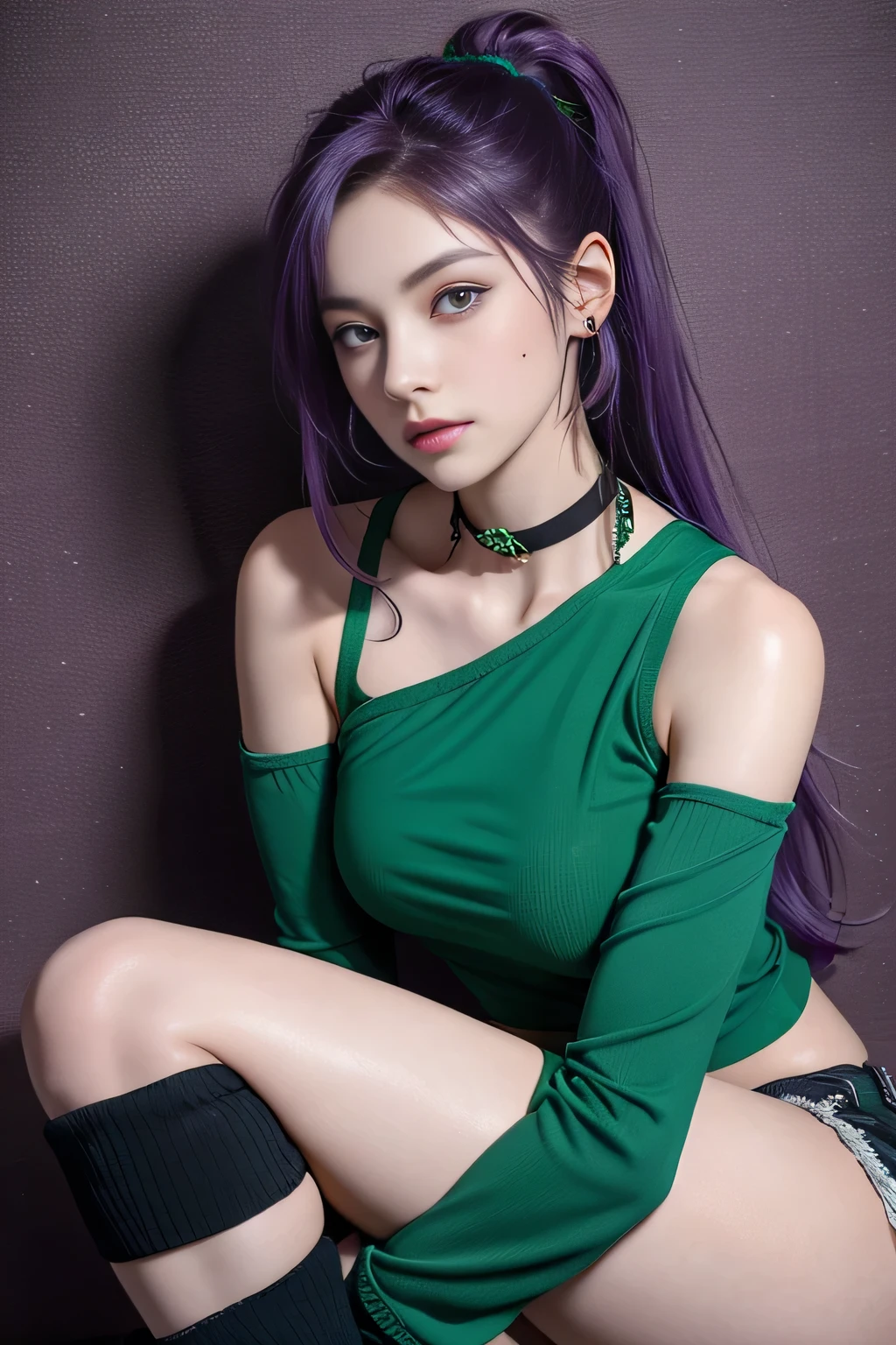 Martina,Purple eyes, Purple Hair, Very long hair, ponytail, Hair Scrunchie, Green choker, O-ring top, Tank top, No sleeve, West Cape, Black shorts, Green Zone, boots,fc portrait