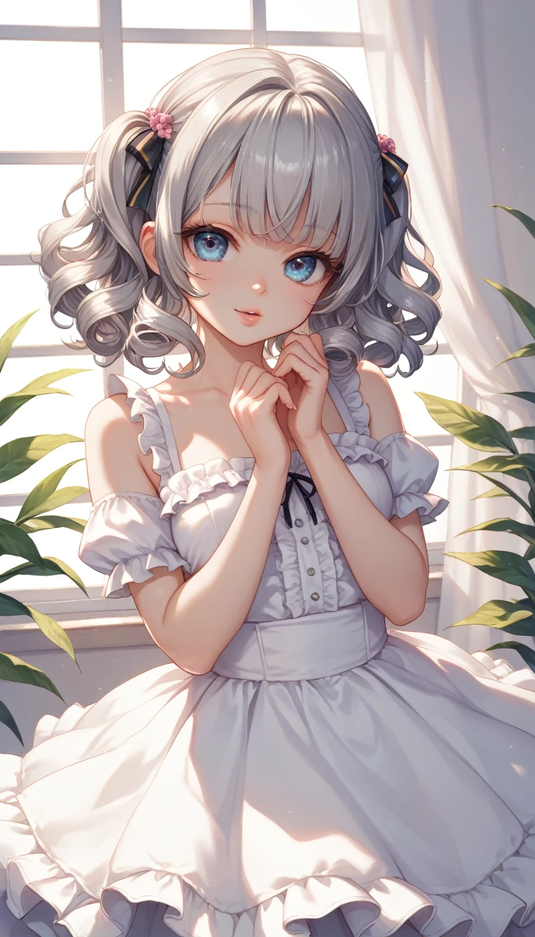 (((Watercolor painting of a cornflower in a white frame,A girl is in a New York cafe with a white framed picture of flowers))),,(((One 13-year-old girl))),(Perfect Eyes),((Realistic eye details)),(((White Hair,beautiful detailed iris)))innocent,Childhood remains,Hair is white,,(Super cute:1.2),(masterpiece、Highest quality,Highest quality,Beautiful and beautiful:1.2),,Innocent Girl,,(Realistic and glossy skin expression,Transparency,Soft ambient light,Kind Face,((Multilayer Texture)),((Storytelling Visual Arts)),Realistic and glossy skin expression, Innocent, large, round eyes,Beautiful attention to detail,The pupils are round,,Downward, Droopy eyes,(A work of outstanding craftsmanship),(Transparency),(Perfect and beautiful face),Tyndall effect, Realistic, Shadow Studio,((White and light blue shirt:1.3、White and light blue block dress)),Backlight,Distorted perspective ,dress with lace,Gentle mouth, Frill dress, Earrings, Floating Hair, , Hair Flowers, , ((hair band)), , Particles of light,, Look Viewer ,, , petal,,,,,(masterpiece、Highest quality,Highest quality,Beautiful and beautiful:1.2),,,,Braided Hair,Face Light,((Big beautiful eyes:1.3)),()),,Tyndall effect, , (Skin with attention to detail: 1.2),