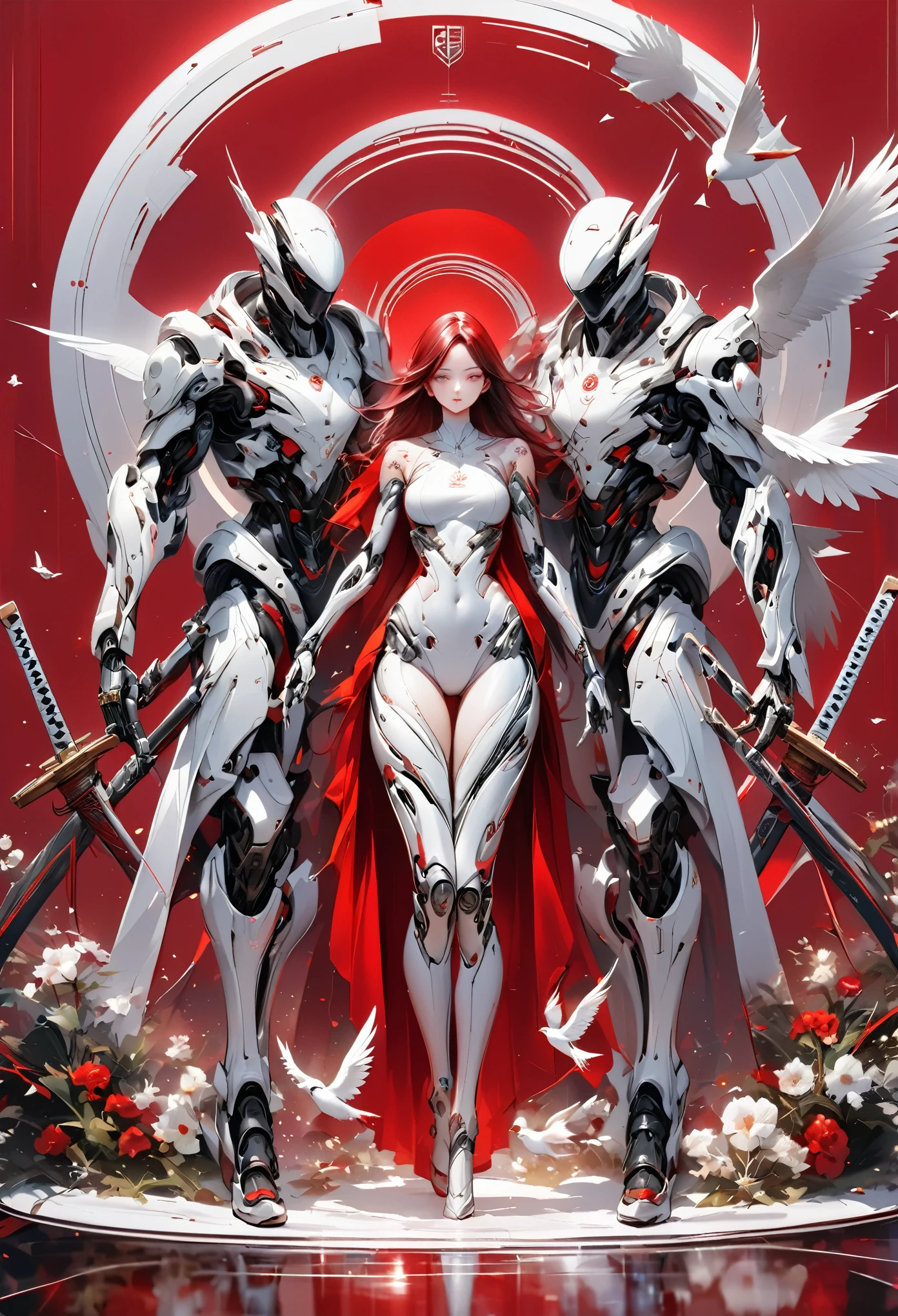 A cyber war with highly advanced mechanical arms and legs, perfectly fused with his human body. Her artificial skin shines with the metallic reflection of the robotic parts that cover her limbs., showing a contrast between the organic and the mechanical. She wears a tight white top that highlights her athletic build., while his detailed tattoos, of flowers and birds, adorn their torso and thighs, adding a touch of humanity and art to its futuristic appearance. They look ahead with determination Behind them, A katana sword is fixed, Ready for combat The deep red background highlights her figure, creating a bold and energetic atmosphere The mechanical details on its extremities show cutting-edge technology. Chrome finish and perfectly integrated with your skin. The warrior seems to be ready for a mission, merging strength, precision and aesthetics in one body