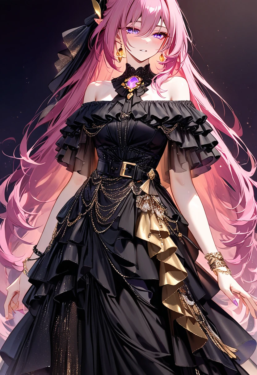 ultra HD, high-resolution, detailed, (highly detailed:1.5), (sharp focus:1.4), (crisp edges:1.3), 1girl, looking ahead, elysia \(herrscher of human:ego\) \(Honkai impact\), pointed ears, elf, pink hair, hair between eyes, long hair, purple eyes, diamond-shaped pupils, parted lips, blush, seductive smile, heavy breathing, (elegant black gown:1.6), (off-shoulder ruffles:1.5), (golden accessories:1.4), (waist belt with brooch:1.4), (layered flowing fabric:1.5), (golden earrings:1.4), (bracelets:1.4), (formal evening wear:1.4), (luxury fashion:1.5), (dark background:1.4)